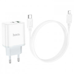Зарядний пристрій HOCO C105A Stage 1xUSB-C PD20W + 1xUSB QC3.0 + cable USB-C to Lightning White (6931474782939)