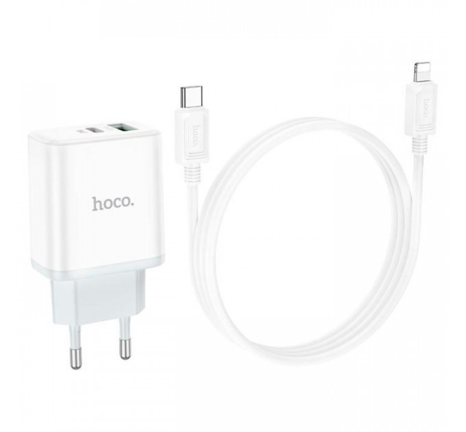 Зарядний пристрій HOCO C105A Stage 1xUSB-C PD20W + 1xUSB QC3.0 + cable USB-C to Lightning White (6931474782939)