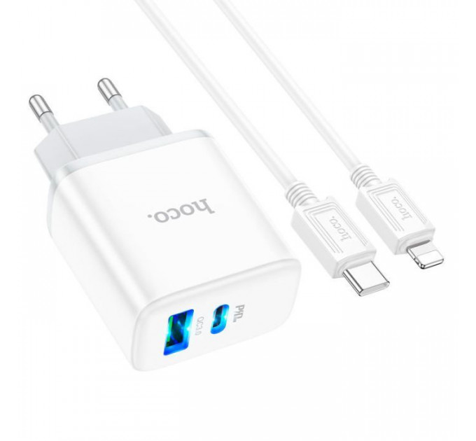 Зарядний пристрій HOCO C105A Stage 1xUSB-C PD20W + 1xUSB QC3.0 + cable USB-C to Lightning White (6931474782939)