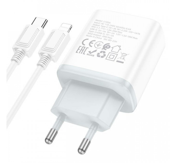 Зарядний пристрій HOCO C105A Stage 1xUSB-C PD20W + 1xUSB QC3.0 + cable USB-C to Lightning White (6931474782939)