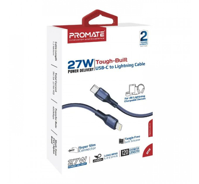 Дата кабель USB-C to Lightning 1.2m 27W PD FletchLink-CI blue Promate (fletchlink-ci.blue)