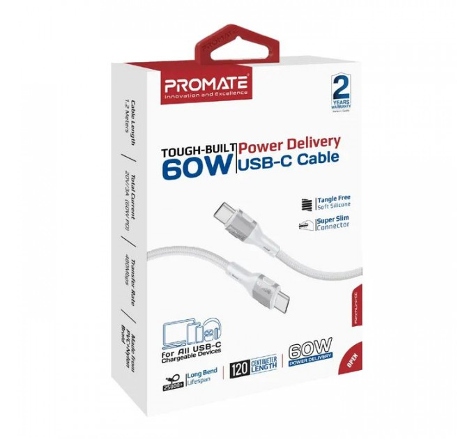 Дата кабель USB-C to USB-C 1.2m 60W PD FletchLink-CC grey Promate (fletchlink-cc.grey)