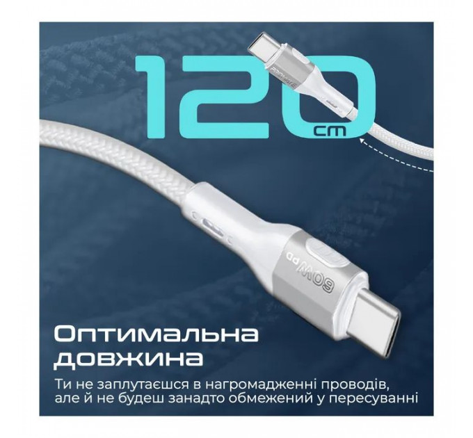 Дата кабель USB-C to USB-C 1.2m 60W PD FletchLink-CC grey Promate (fletchlink-cc.grey)