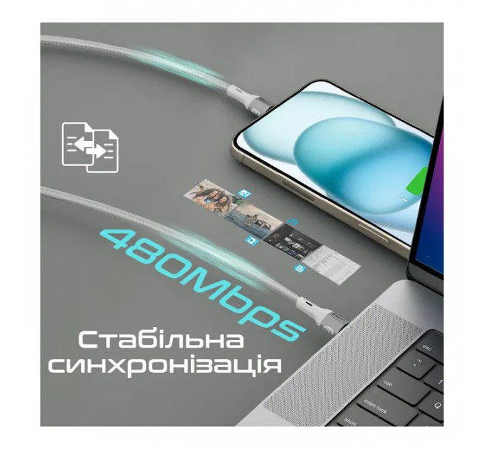Дата кабель USB-C to USB-C 1.2m 60W PD FletchLink-CC grey Promate (fletchlink-cc.grey)