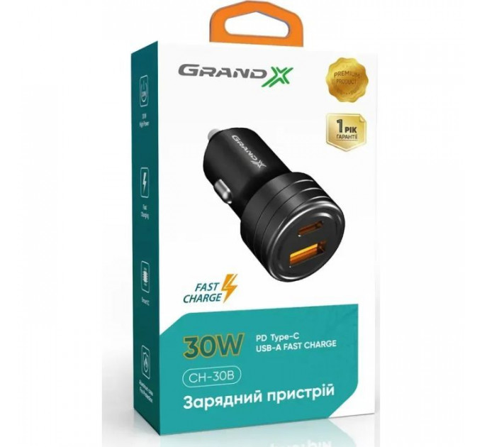 Зарядний пристрій Grand-X CH-30B 30W 1xUSB + 1xUSB-C PD + QC3.0 AFC FCP SCP VOOC Black (CH-30B)