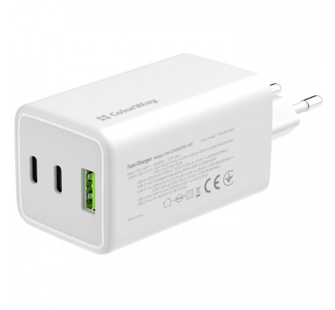 Зарядний пристрій ColorWay C101B GaN Mini 100W PD PPS 2xUSB-C + USB-A white (CW-CHS061PD-WT)