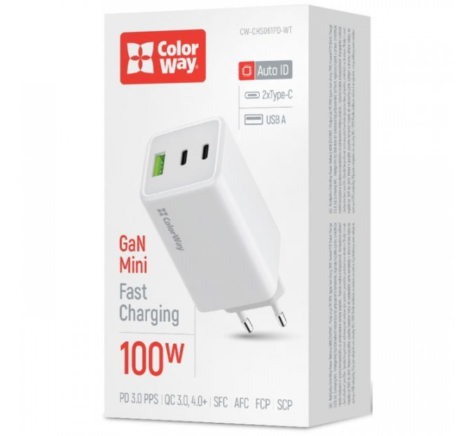 Зарядний пристрій ColorWay C101B GaN Mini 100W PD PPS 2xUSB-C + USB-A white (CW-CHS061PD-WT)