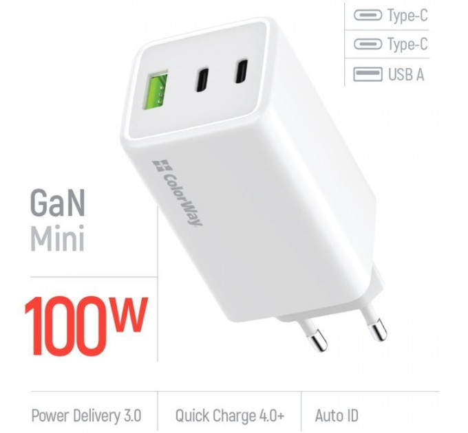 Зарядний пристрій ColorWay C101B GaN Mini 100W PD PPS 2xUSB-C + USB-A white (CW-CHS061PD-WT)