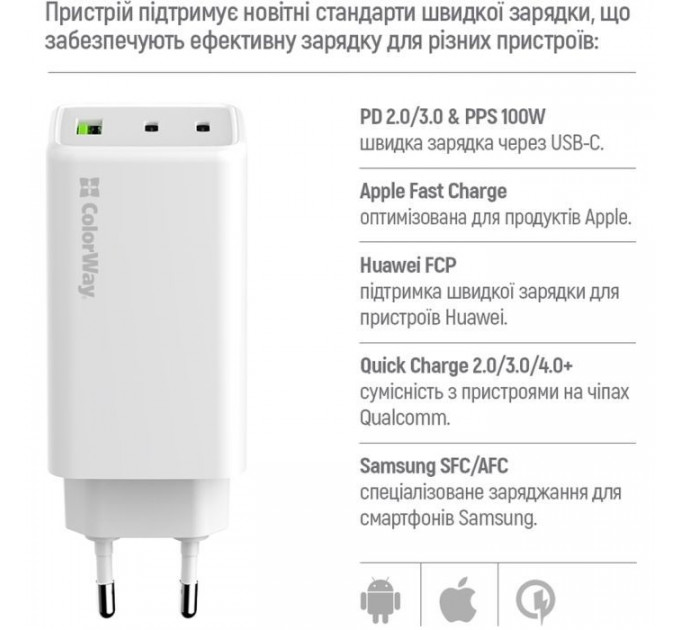 Зарядний пристрій ColorWay C101B GaN Mini 100W PD PPS 2xUSB-C + USB-A white (CW-CHS061PD-WT)