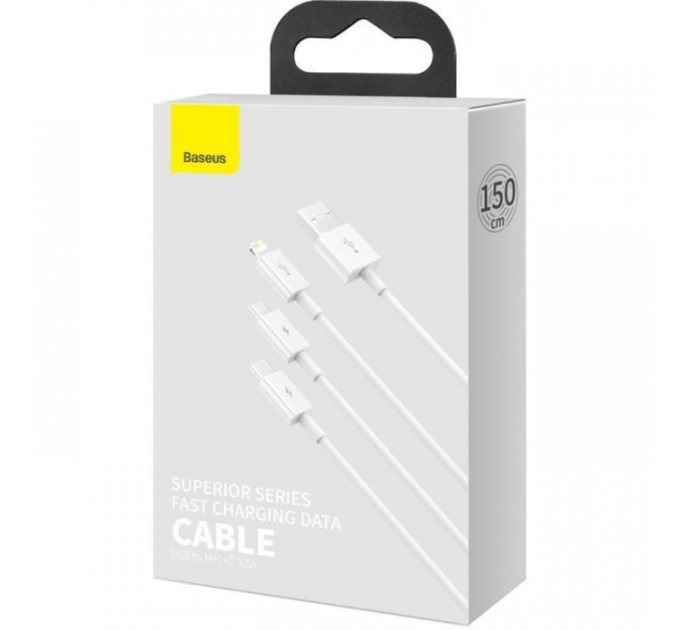 Дата кабеля USB 2.0 AM to Lightning + Micro 5P + USB-C 1.5m 3.5A white Baseus (CAMLTYS-02)