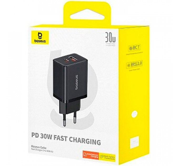 Зарядний пристрій Baseus 1xUSB-C 30W + 1xUSB black (P10111404113-00)