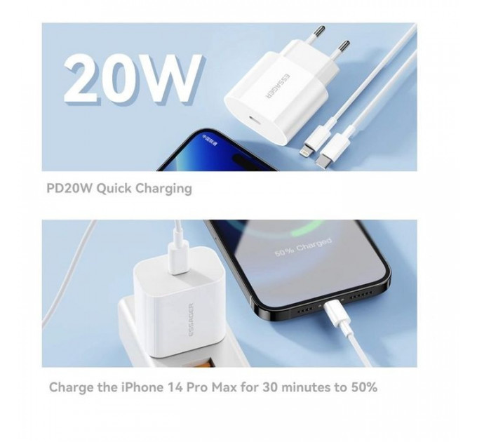 Зарядний пристрій Essager USB-C PD20W + cable USB-C to Lightning white (EFJB02-XBL02-T)