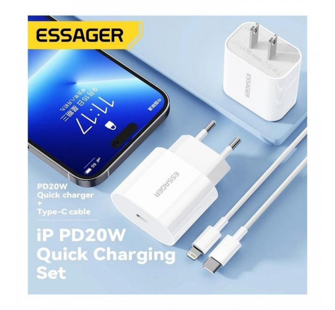 Зарядний пристрій Essager USB-C PD20W + cable USB-C to Lightning white (EFJB02-XBL02-T)