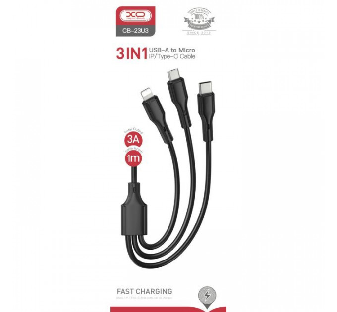 Дата кабель USB 2.0 AM to Lightning + Micro 5P + USB-C 3A black XO (CB-23U3-BK)