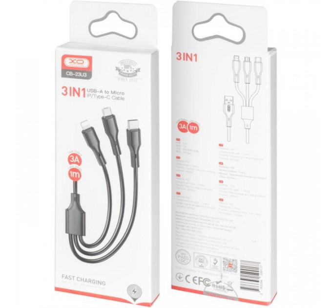 Дата кабель USB 2.0 AM to Lightning + Micro 5P + USB-C 3A black XO (CB-23U3-BK)