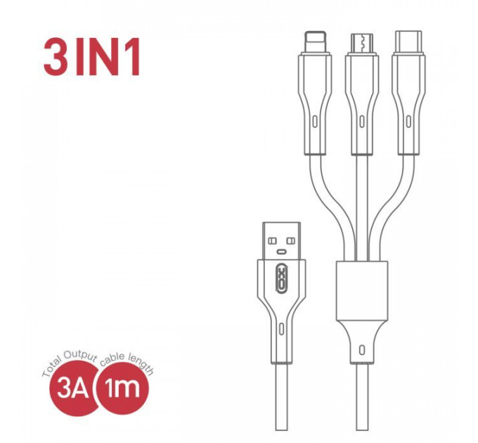 Дата кабель USB 2.0 AM to Lightning + Micro 5P + USB-C 3A black XO (CB-23U3-BK)