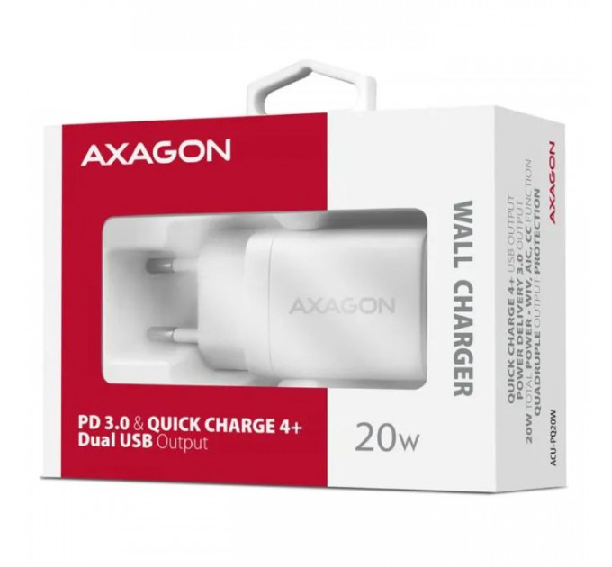 Зарядное устройство для AXAGON 1xUSB QC3.0 + 1xUSB-C PD20W white (ACU-PQ20W)