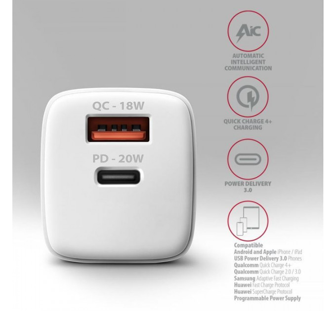 Зарядное устройство для AXAGON 1xUSB QC3.0 + 1xUSB-C PD20W white (ACU-PQ20W)