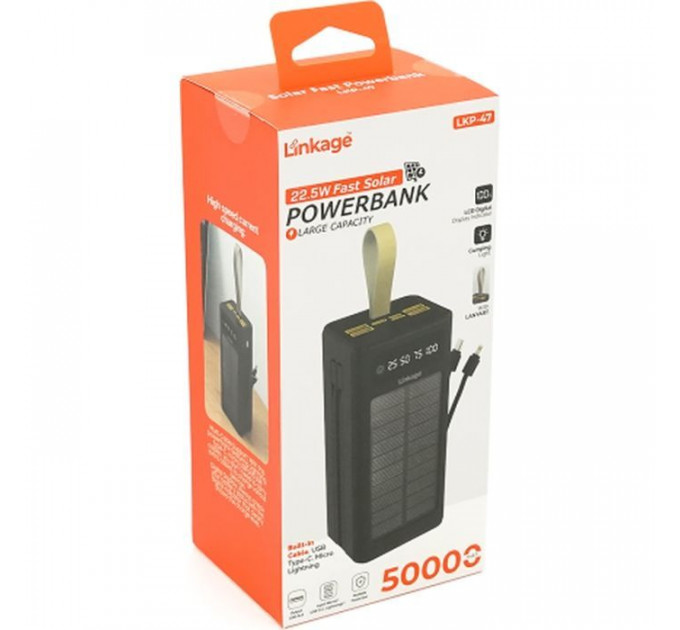 Батарея універсальна Linkage 50000mAh, Solar, 22.5W, cables Туре-С+Lighting, Black (LKP-47)