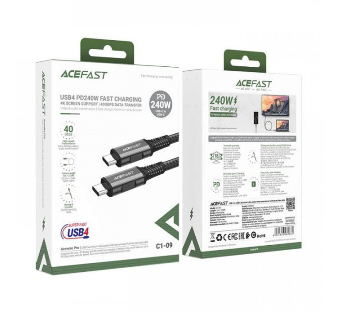 Дата кабель USB-C to USB-C 1.0m USB 4.0 240W audio\/video black-grey Acefast (6974316282631)