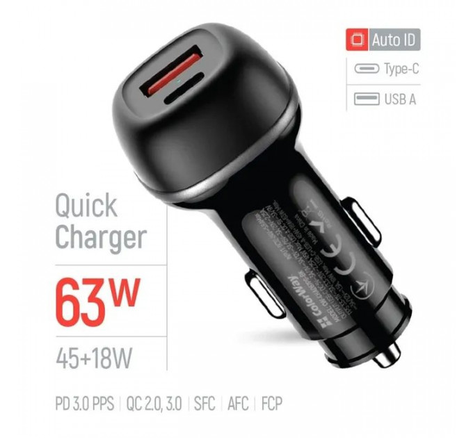 Зарядний пристрій ColorWay USB-C PD45W + USB QC3.0 car adapter (CW-CHA067PD-BK)