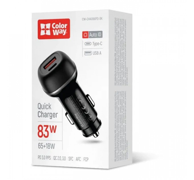Зарядний пристрій ColorWay USB-C PD65W + USB QC3.0 car adapter (CW-CHA068PD-BK)