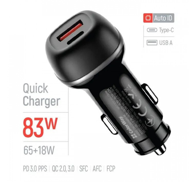 Зарядний пристрій ColorWay USB-C PD65W + USB QC3.0 car adapter (CW-CHA068PD-BK)