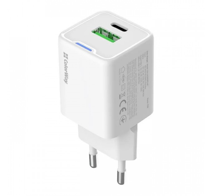 Зарядное устройство ColorWay USB-C PD20W + 1xUSB QC4.0 white (CW-CHS062PD-WT)