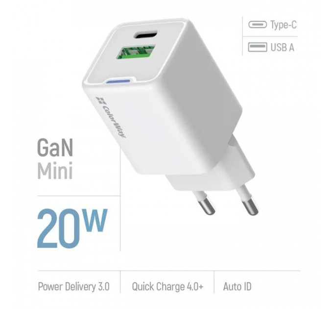 Зарядное устройство ColorWay USB-C PD20W + 1xUSB QC4.0 white (CW-CHS062PD-WT)
