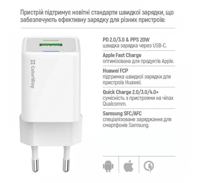 Зарядное устройство ColorWay USB-C PD20W + 1xUSB QC4.0 white (CW-CHS062PD-WT)