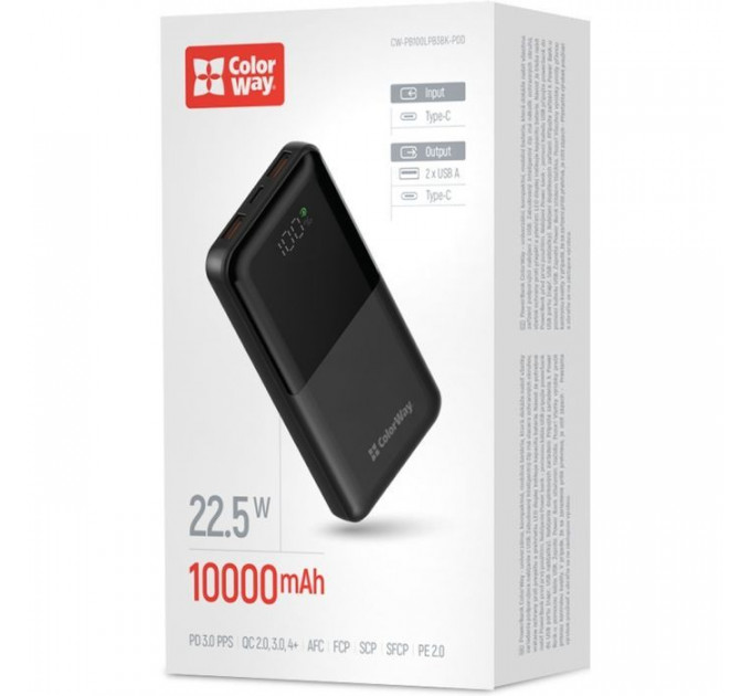 Батарея универсальная ColorWay 10 000 mAh PD/22.5W, QC/3.0, LCD, Black (CW-PB100LPB3BK-PDD)