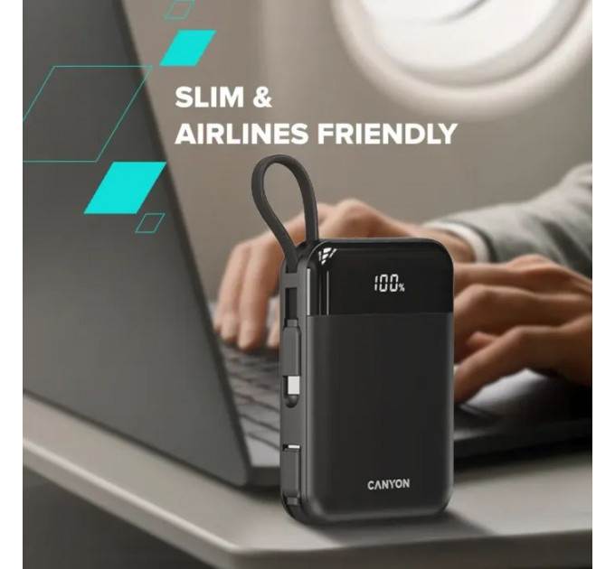 Батарея универсальная Canyon 10000mAh OnPower 104 PD\/20W, QC\/22.5W строительный cable Black (CNS-CPB104B)