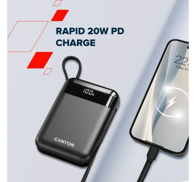 Батарея универсальная Canyon 10000mAh OnPower 104 PD\/20W, QC\/22.5W строительный cable Black (CNS-CPB104B)