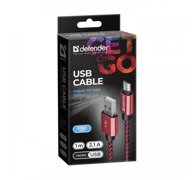 Дата кабель USB 2.0 AM to Micro 5P 1.0m USB08-03T red Defender (87801)
