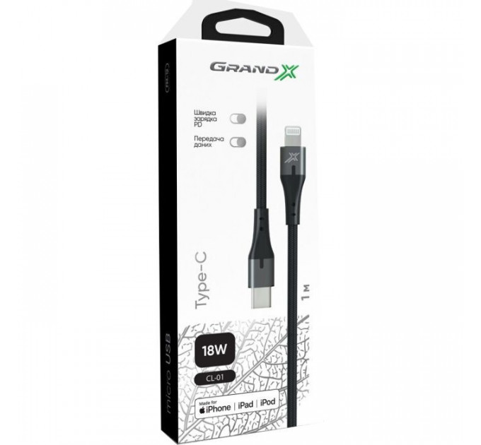 Дата кабеля USB-C to Lightning 1.0m PD MFI Grand-X (CL-01)