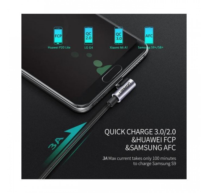 Дата кабель USB 2.0 AM to USB-C 1.0m US284 Angled Alum. Braid Black Ugreen (50941)