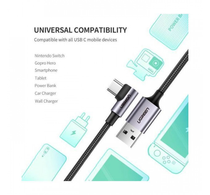 Дата кабель USB 2.0 AM to USB-C 1.0m US284 Angled Alum. Braid Black Ugreen (50941)