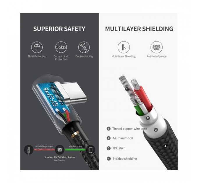 Дата кабель USB 2.0 AM to USB-C 1.0m US284 Angled Alum. Braid Black Ugreen (50941)