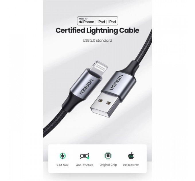Дата кабеля USB 2.0 AM to Lightning 2.0m US199 2.4A Black Ugreen (60158)