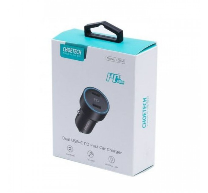 Зарядний пристрій Choetech car 2хUSB-C 40W PD black (С0054-BK)