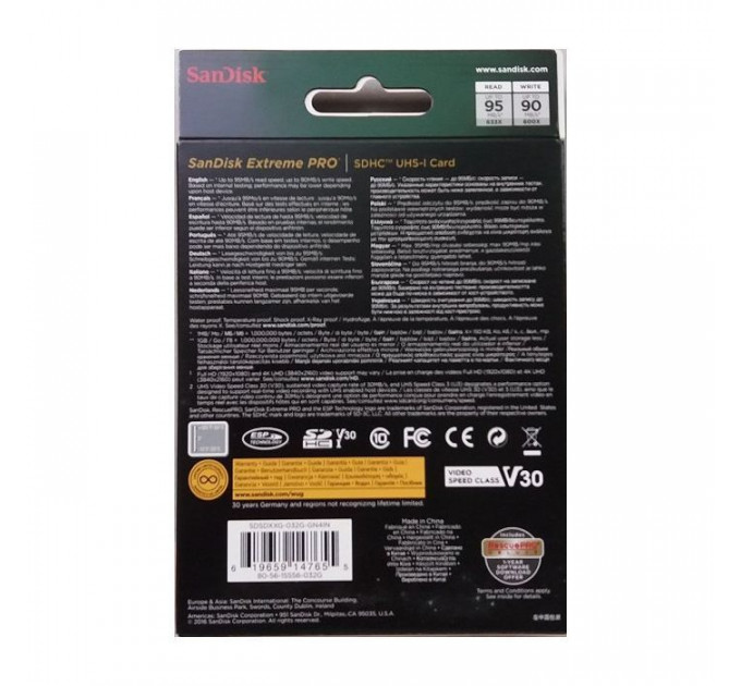 Карта памяти SanDisk 32GB SD class 10 UHS-I U3 V30 Extreme PRO (SDSDXXO-032G-GN4IN)