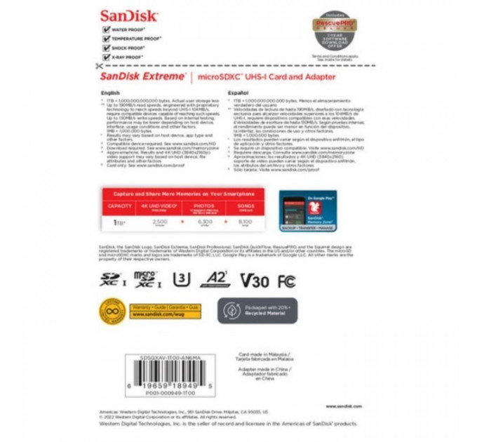 Карта пам/'яті SanDisk 1TB microSD class 10 UHS-I U3 V30 Extreme (SDSQXAV-1T00-GN6MA)