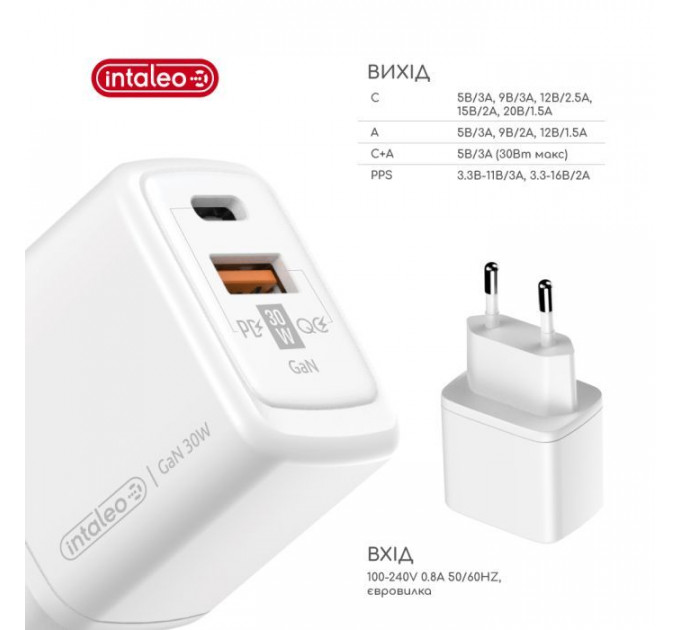 Зарядное устройство для Intaleo 30W GAN USB-C PD+USB-A QC 3.0 white (1283126578274)