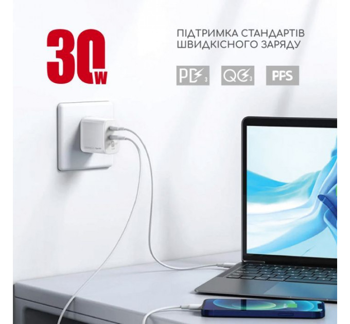 Зарядное устройство для Intaleo 30W GAN USB-C PD+USB-A QC 3.0 white (1283126578274)