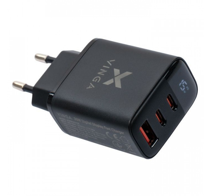 Зарядное устройство Vinga 2xUSB-C PD30W + USB-A QC30W Display 30W Max (VCR30ACCDB)