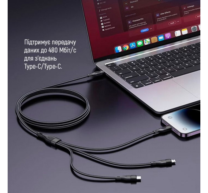 Дата кабеля USB-C to Lightning + Micro 5P + USB-C 1.2m 3.0A (PD60W data) Black ColorWay (CW-CBPDU3060-BK)