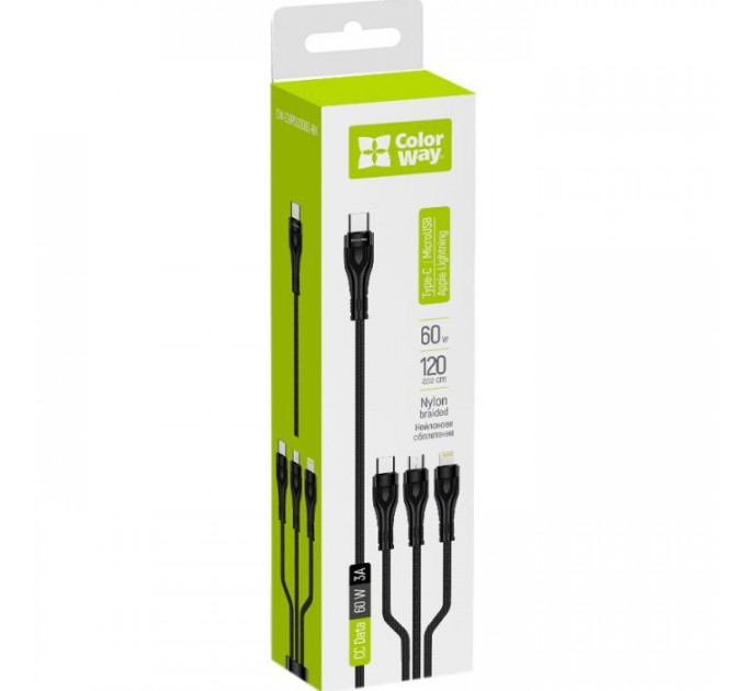 Дата кабеля USB-C to Lightning + Micro 5P + USB-C 1.2m 3.0A (PD60W data) Black ColorWay (CW-CBPDU3060-BK)