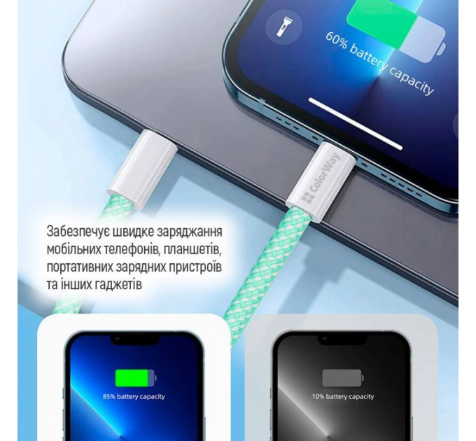 Дата кабель USB-C to Lightning 1.0m 27W green ColorWay (CW-CBPDCL061-G)