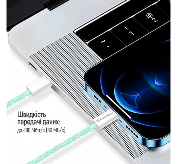 Дата кабель USB-C to Lightning 1.0m 27W green ColorWay (CW-CBPDCL061-G)
