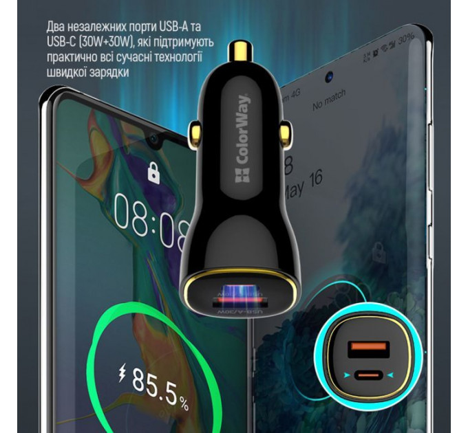 Зарядное устройство для ColorWay PowerDelivery PPS USB (USB-A+USB-C) (60W) Black (CW-CHA046PD-BK)